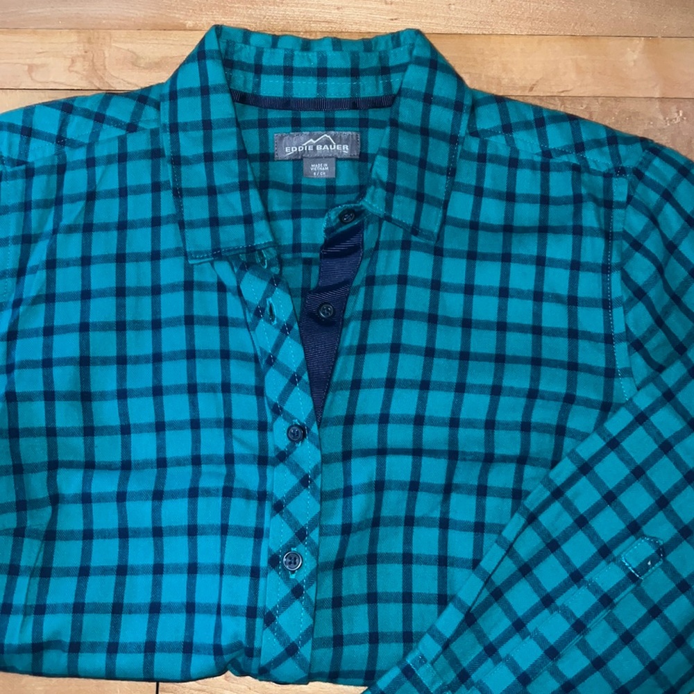 Eddie Bauer Flannel, Teal and Navy Size Small